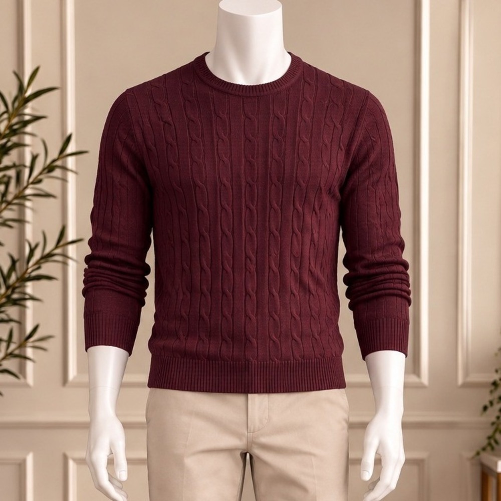 Club Room Mens Sweater Burgundy Cable Knit Cotton Crew Neck Size XL